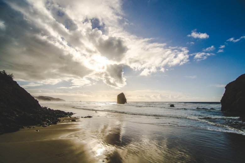 Reflective, calm beach